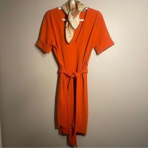 Orange V-Neck Belted Dress